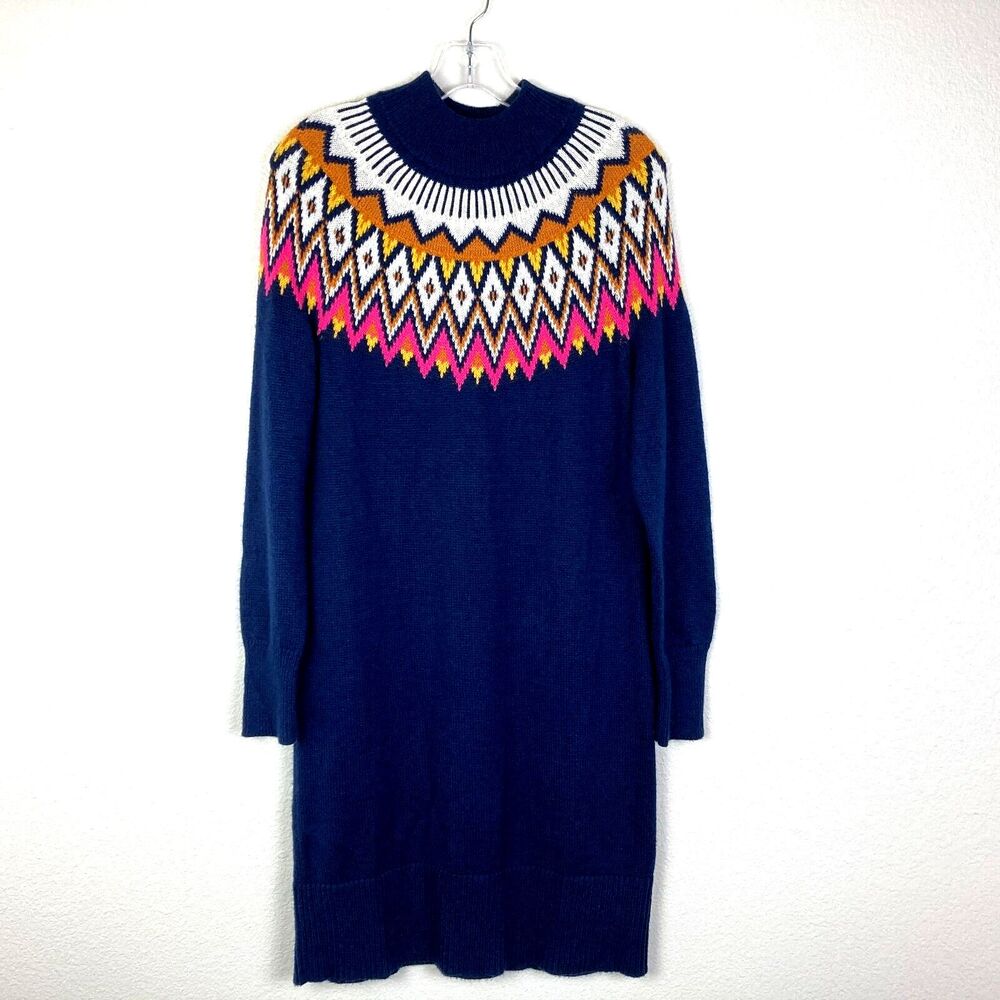 Old Navy Fair Isle Sweater Dress Size S Navy Blue Cotton Blend Mock Neck - Picture 2 of 9